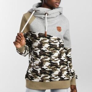 WANAKOME REYENE Camo Hoodie Cowl Neck Drawstring WOMEN M PULLOVER SWEATSHIRT
